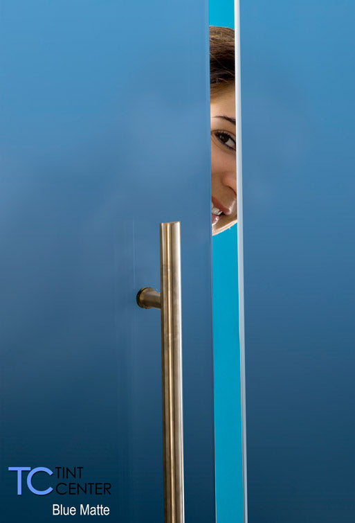 Blue Matte decorative film on shower glass