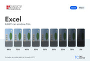 ASWF Excel car window film (dyed, black): 9 shades from 88% to 5% VLT