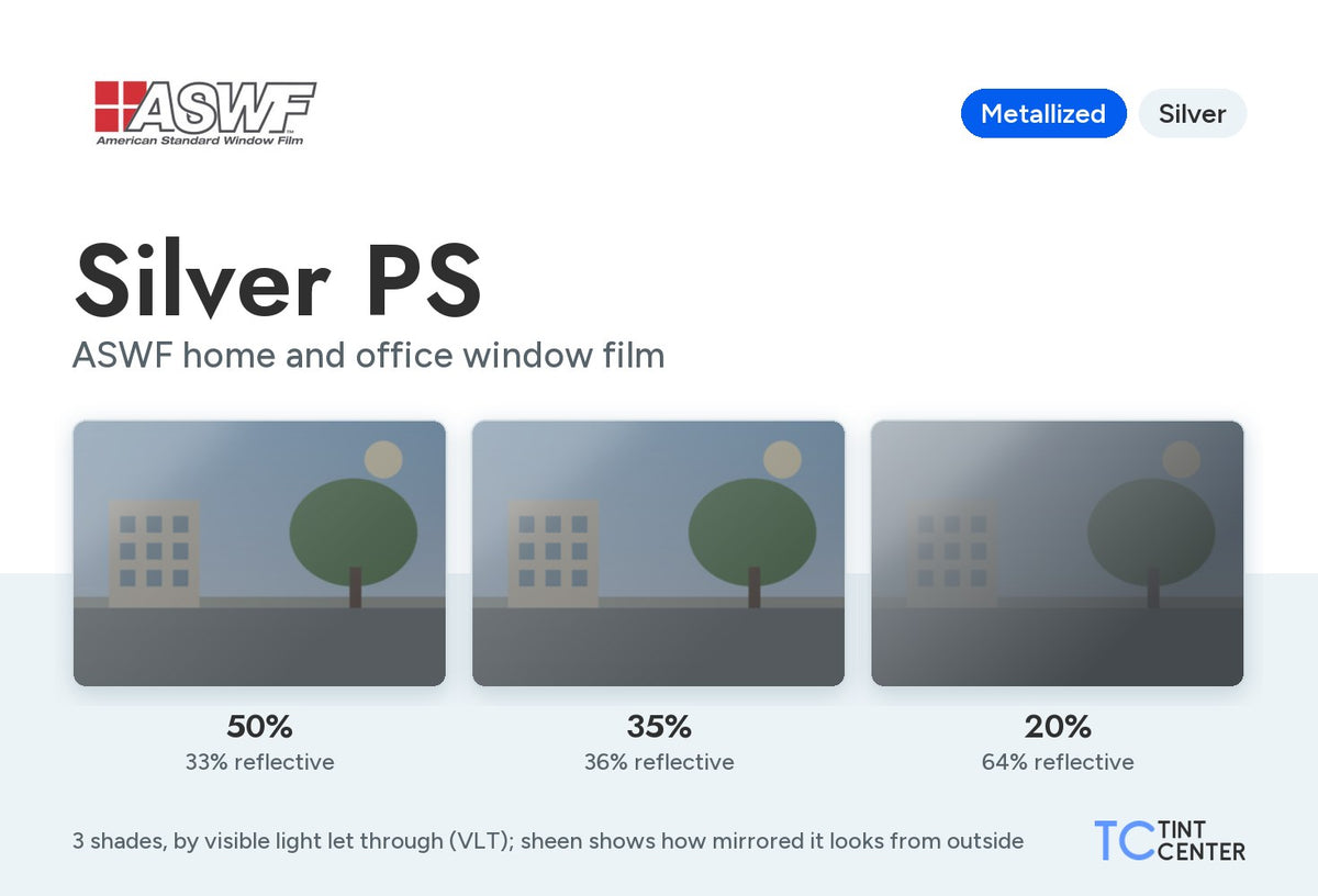 ASWF Silver PS home and office window film (metallized, silver): 3 shades from 50% to 20% VLT