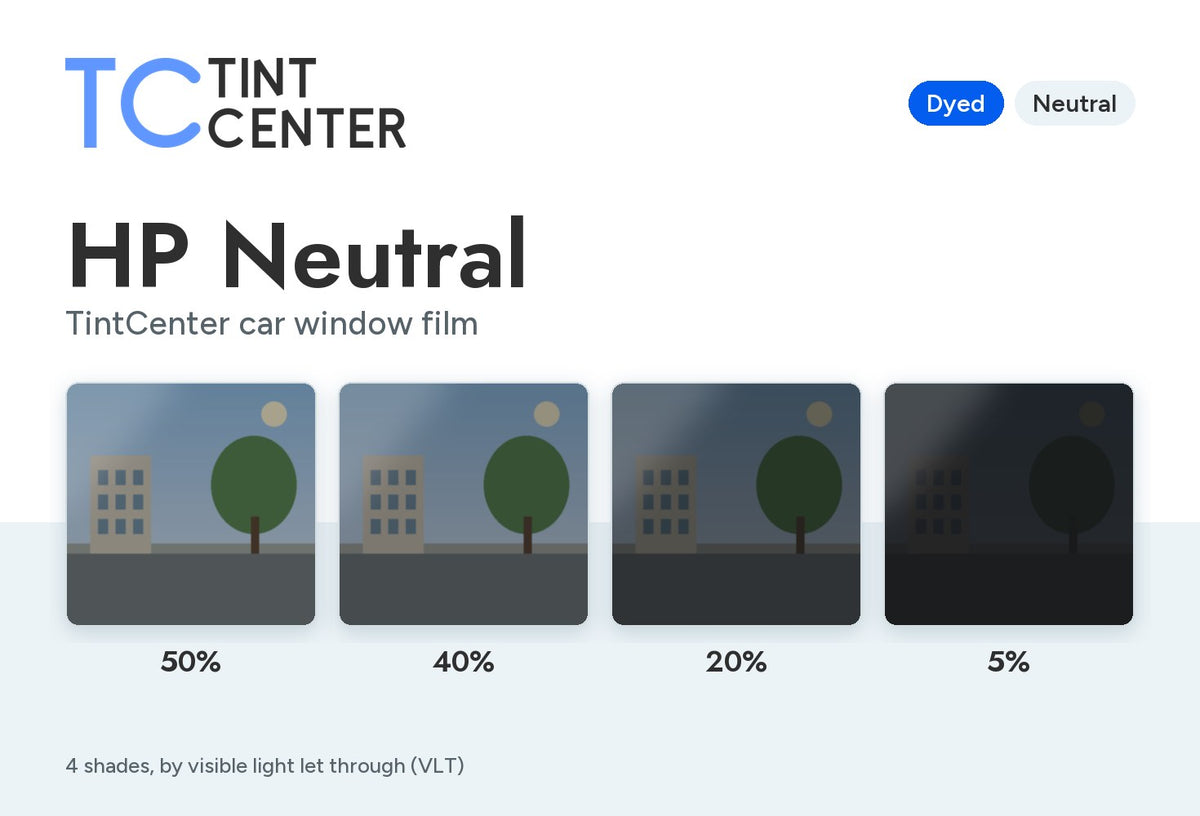 TintCenter HP Neutral car window film (dyed, neutral): 4 shades from 50% to 5% VLT